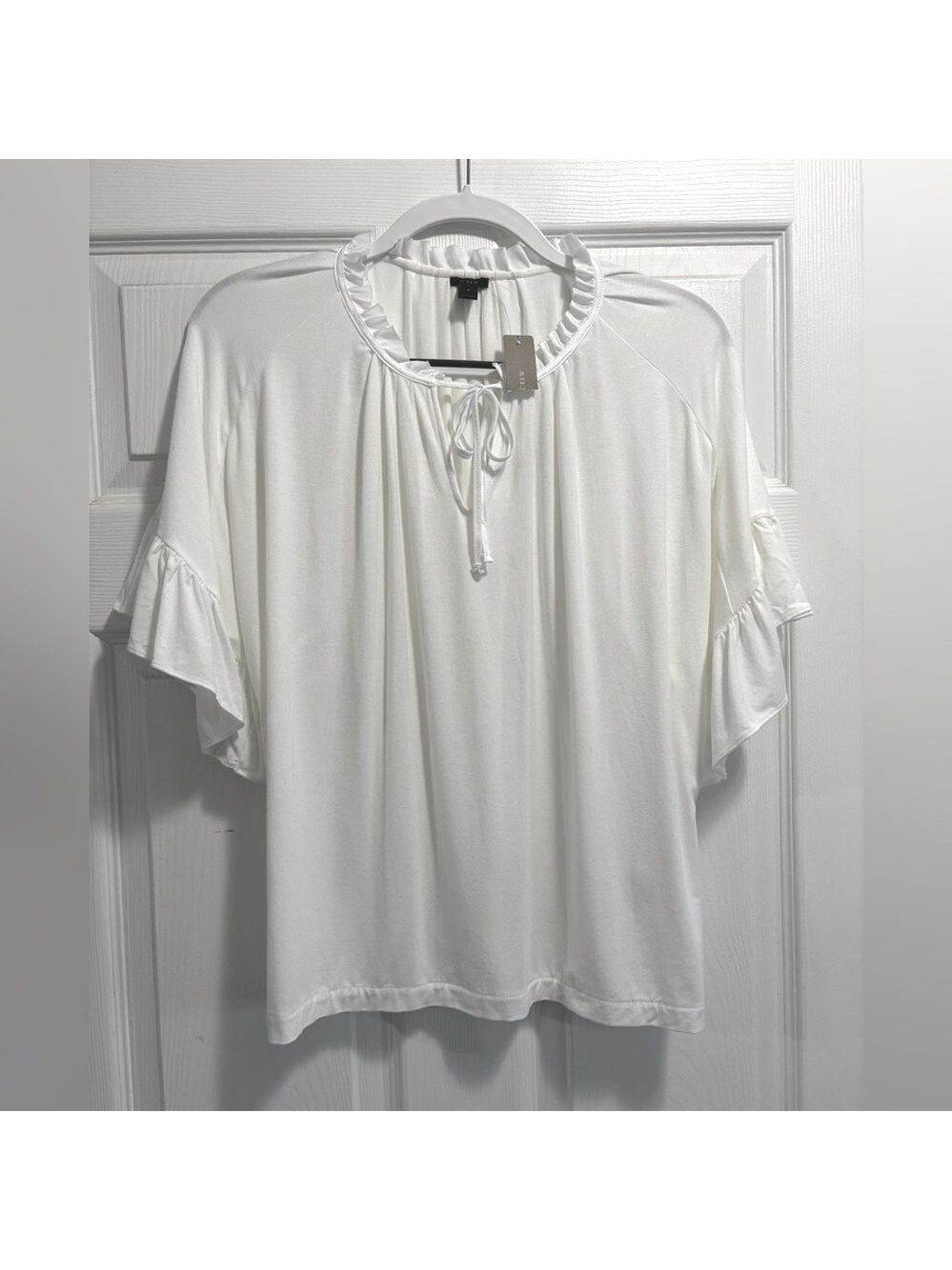 NWT J.Crew Ruffle Tie Neck White Short Sleeve Oversized Top Size Small Brand New